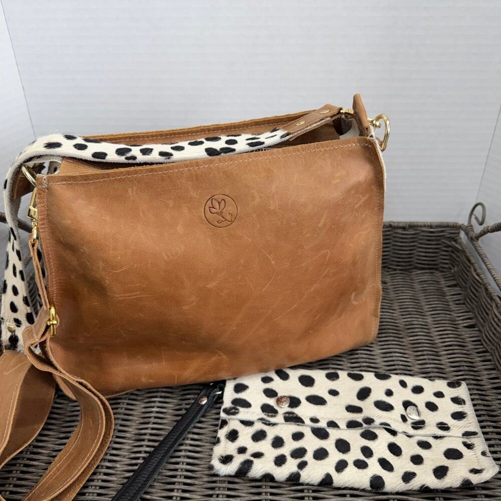 Beaudin Genuine Leather & Animal Fur Shoulder Crossbody Bag w/ Wristlet Wallet